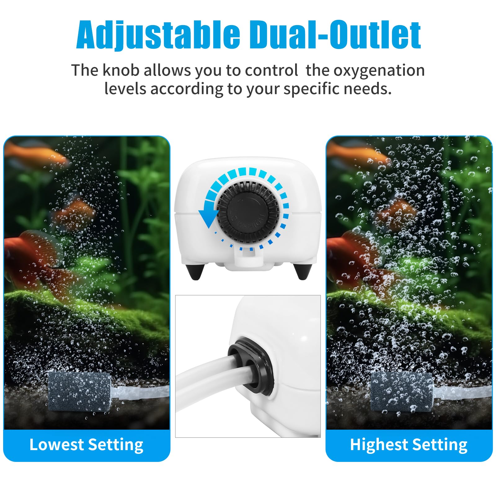 AQUANEAT quiet aeration with rubber feet minimizes tank vibration.
