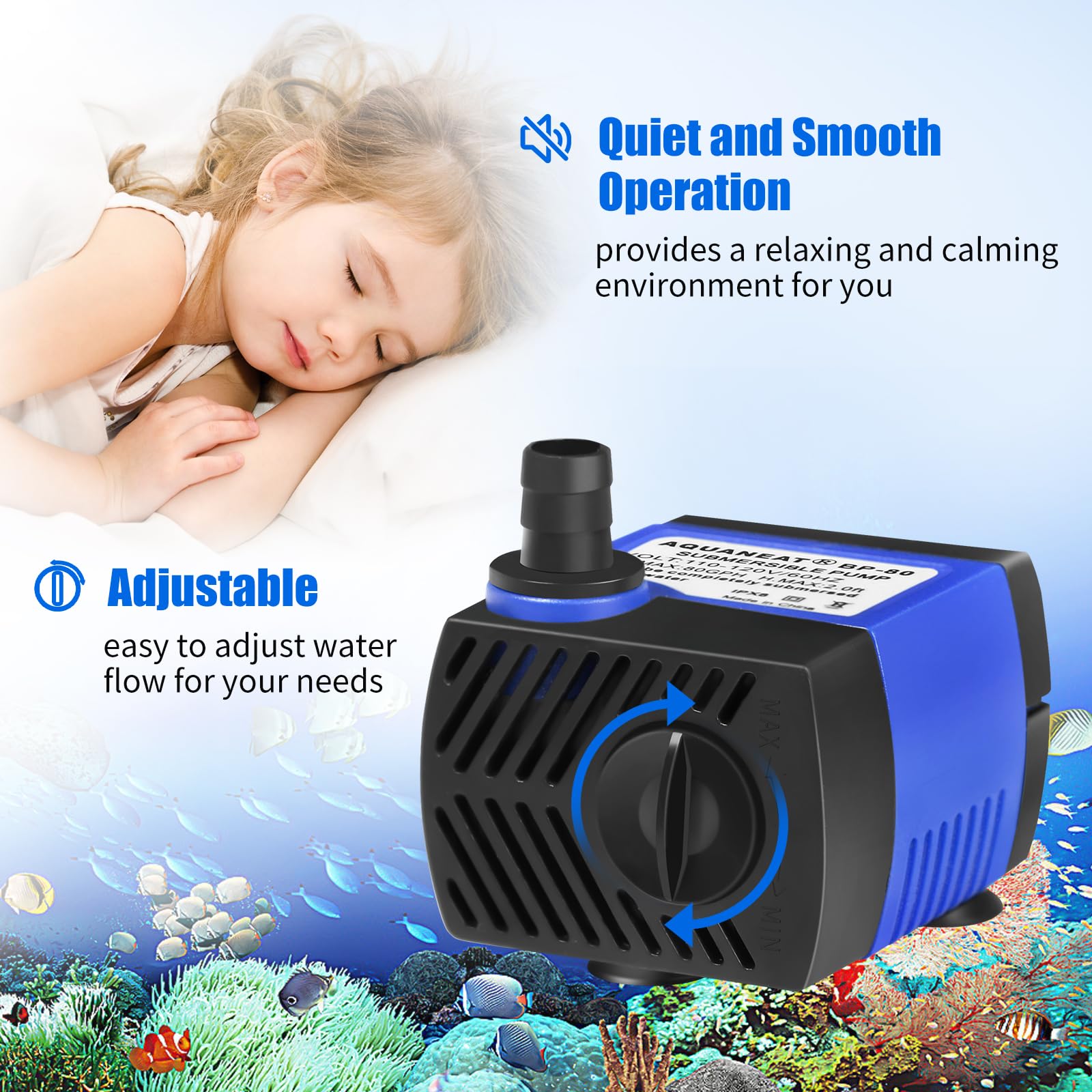 AQUANEAT pump with 3.3 ft tubing for flexible installation.