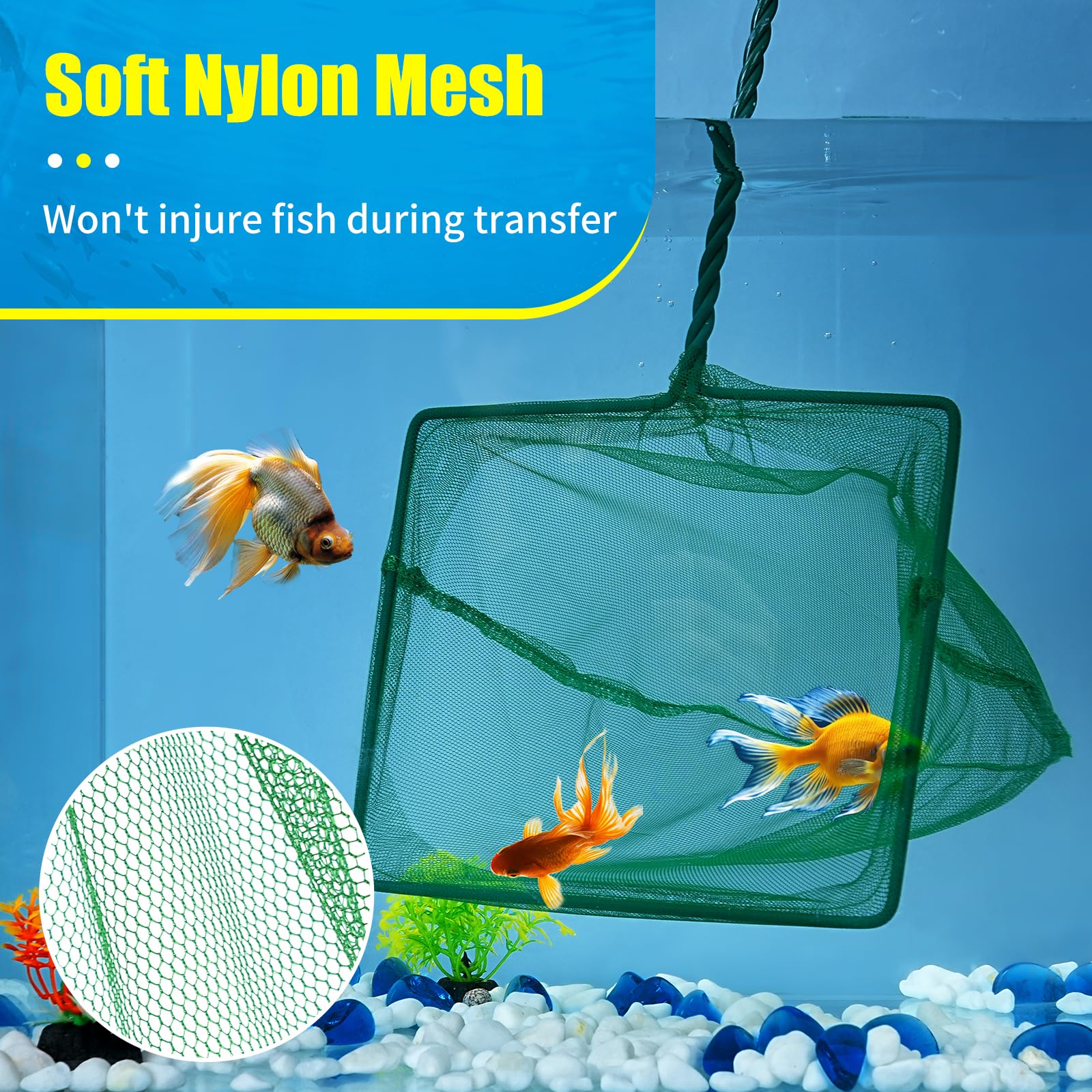 AQUANEAT fine nylon net reduces fish injury during handling and cleaning tasks