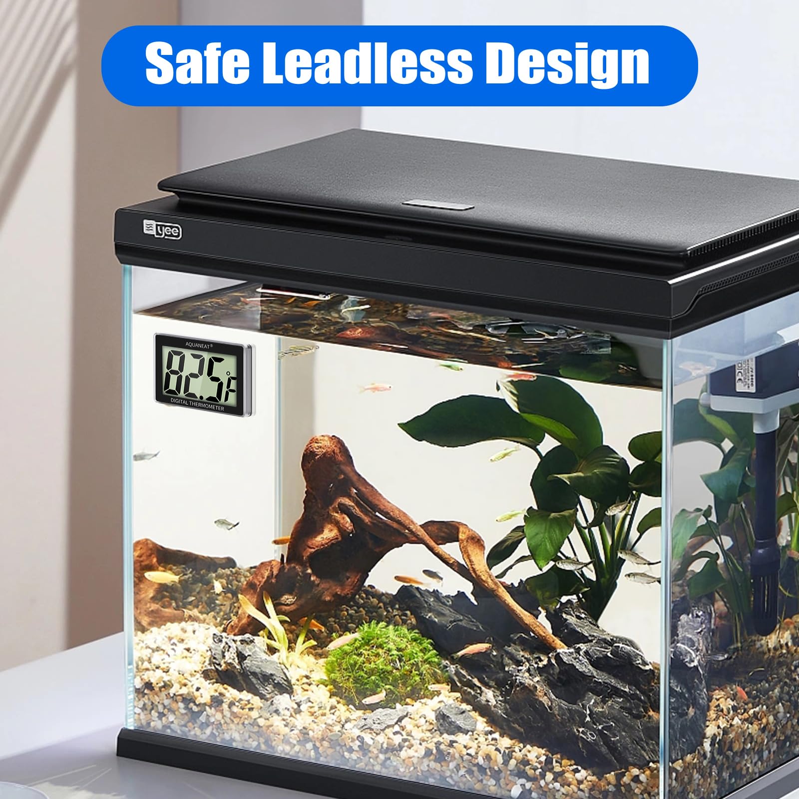 AQUANEAT stick-on thermometer with built-in probe reads water temperature through glass.