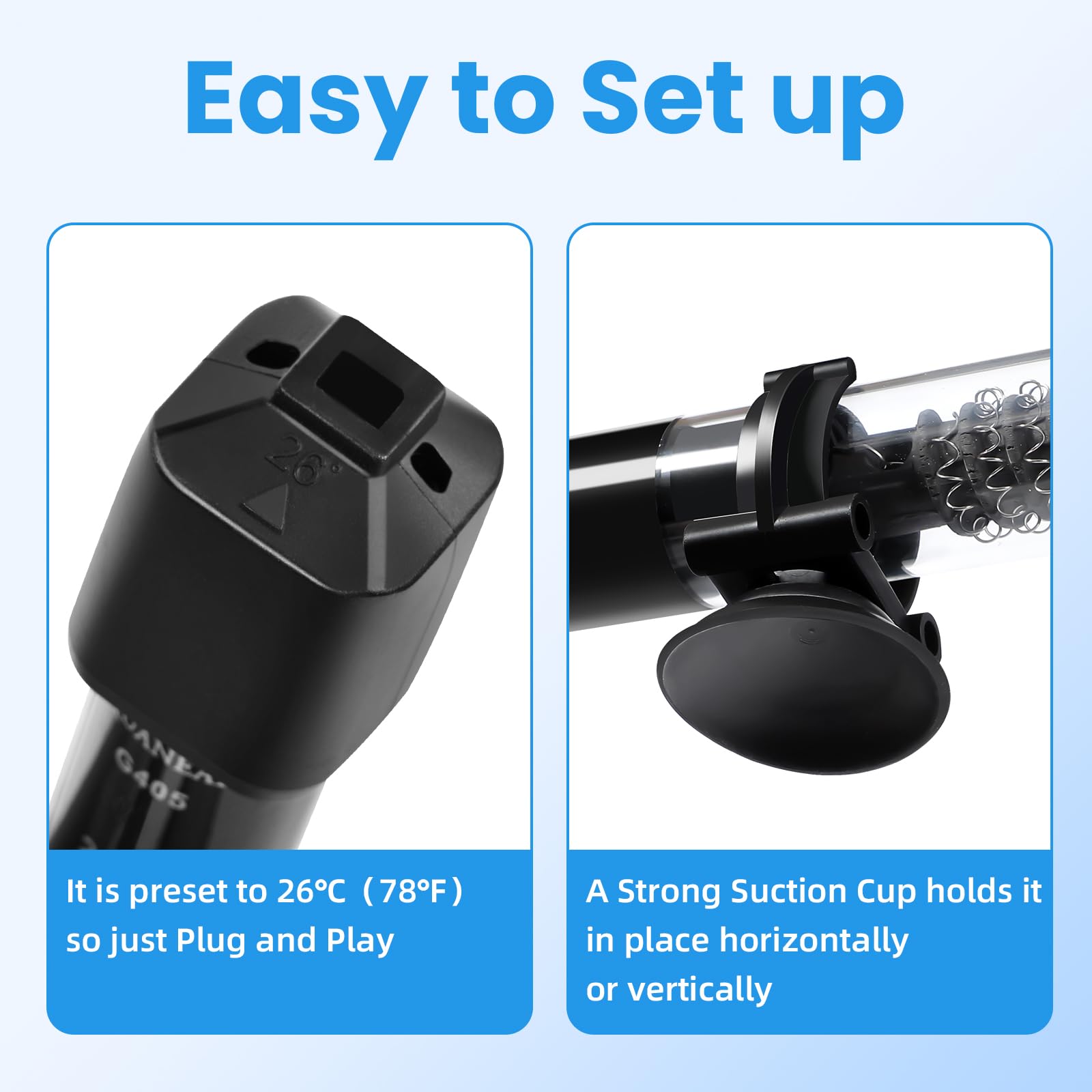 AQUANEAT heater uses a suction cup for secure placement in the aquarium