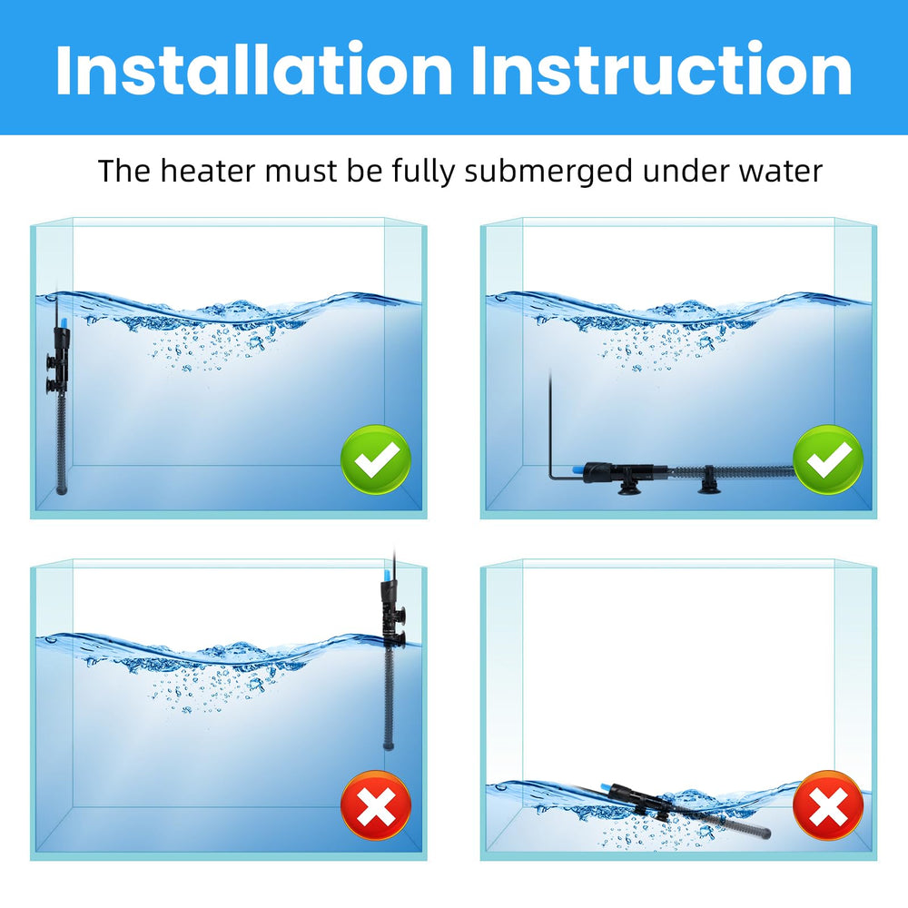 AQUANEAT suction cups and heater secured for in-tank installation.