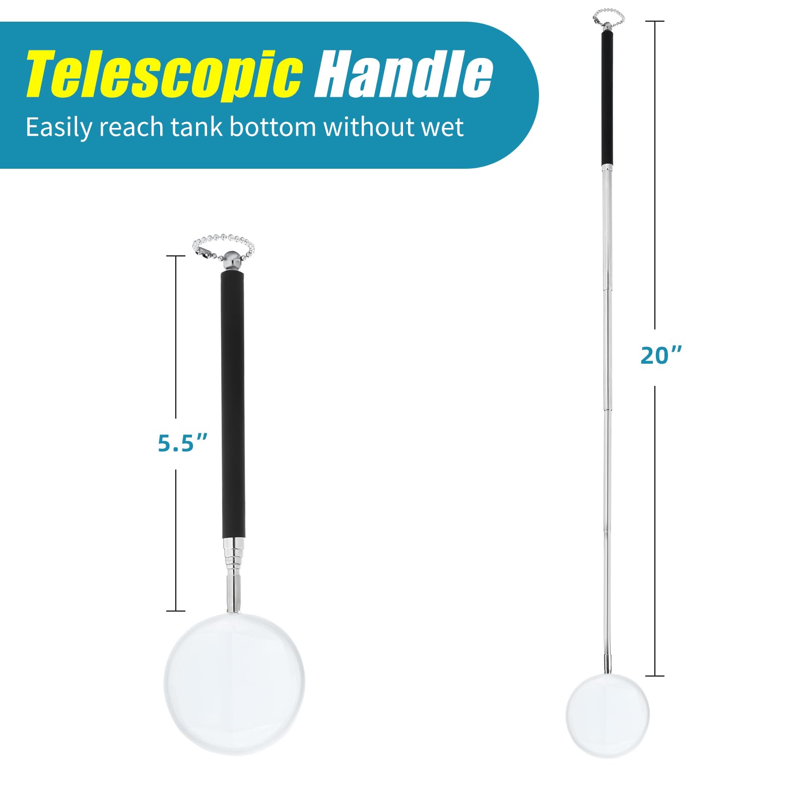 AQUANEAT telescopic handle extended to reach the tank bottom without dripping