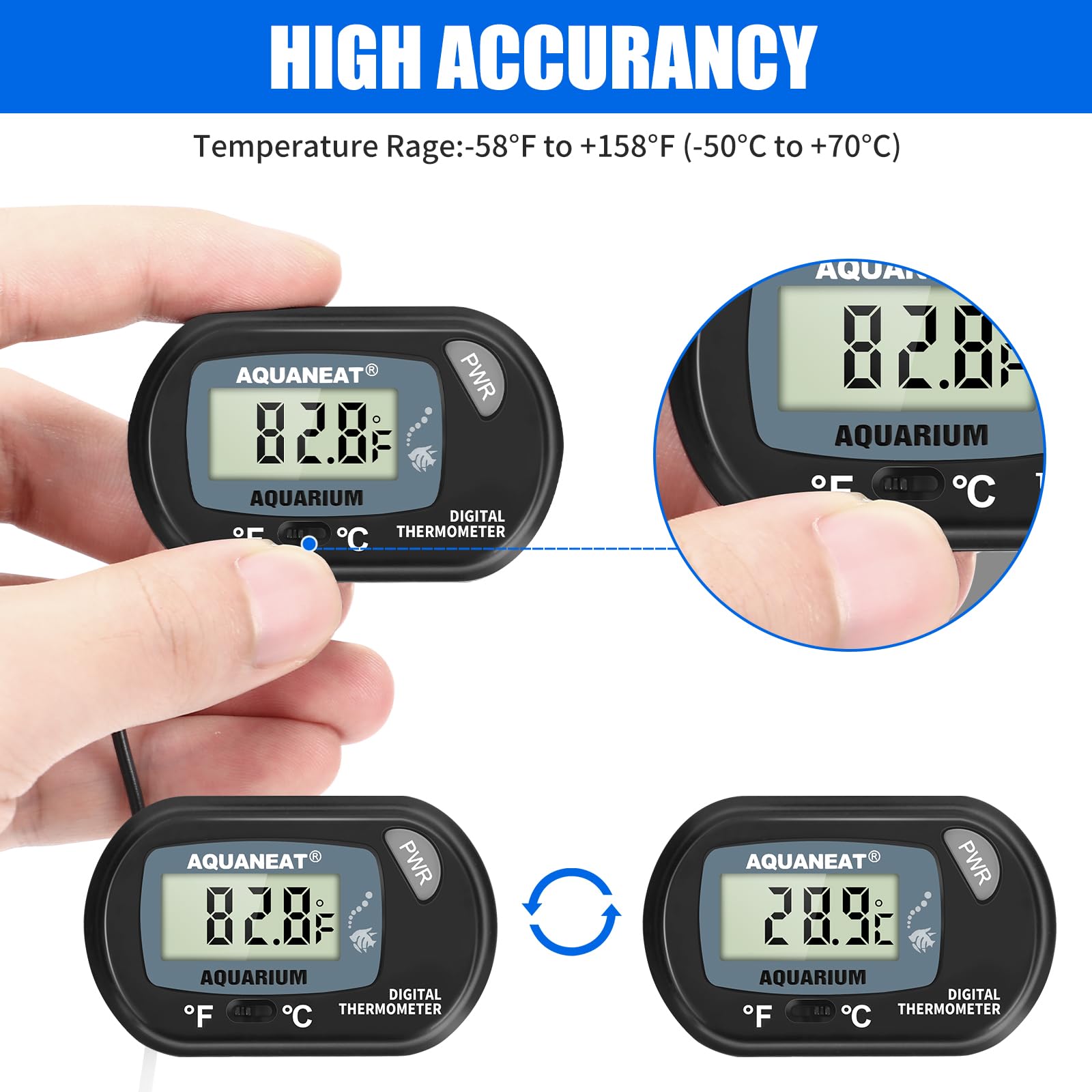 AQUANEAT thermometer showing suction cup and probe placement in tank.