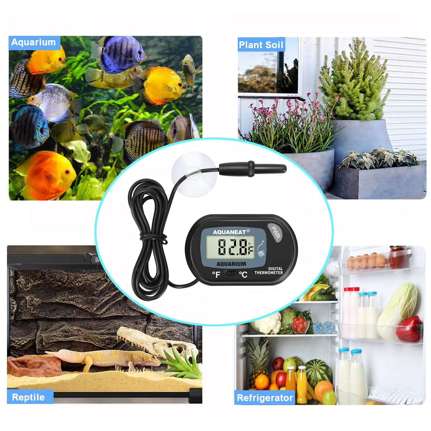 AQUANEAT thermometer suitable for freshwater, saltwater, and terrarium setups.