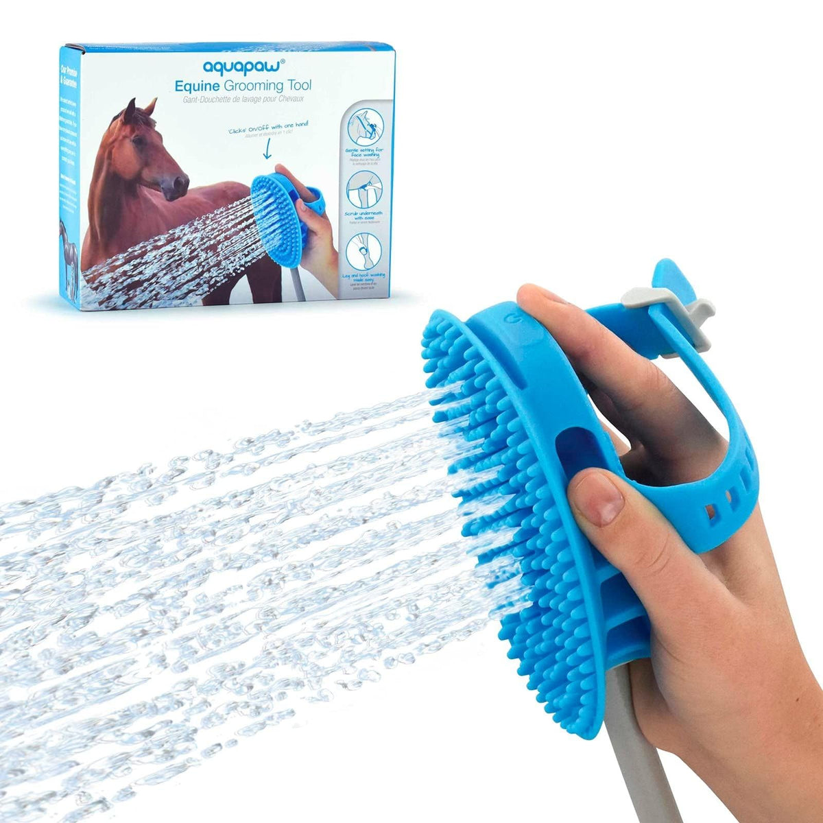 Aquapaw 5-in-1 bath brush XL blue ready for horse and large dog grooming.