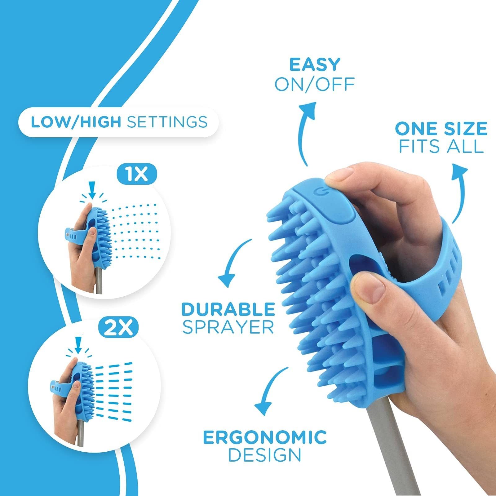 Aquapaw Dog Bath Brush Pro with extended 8ft hose ready for indoor or outdoor baths.