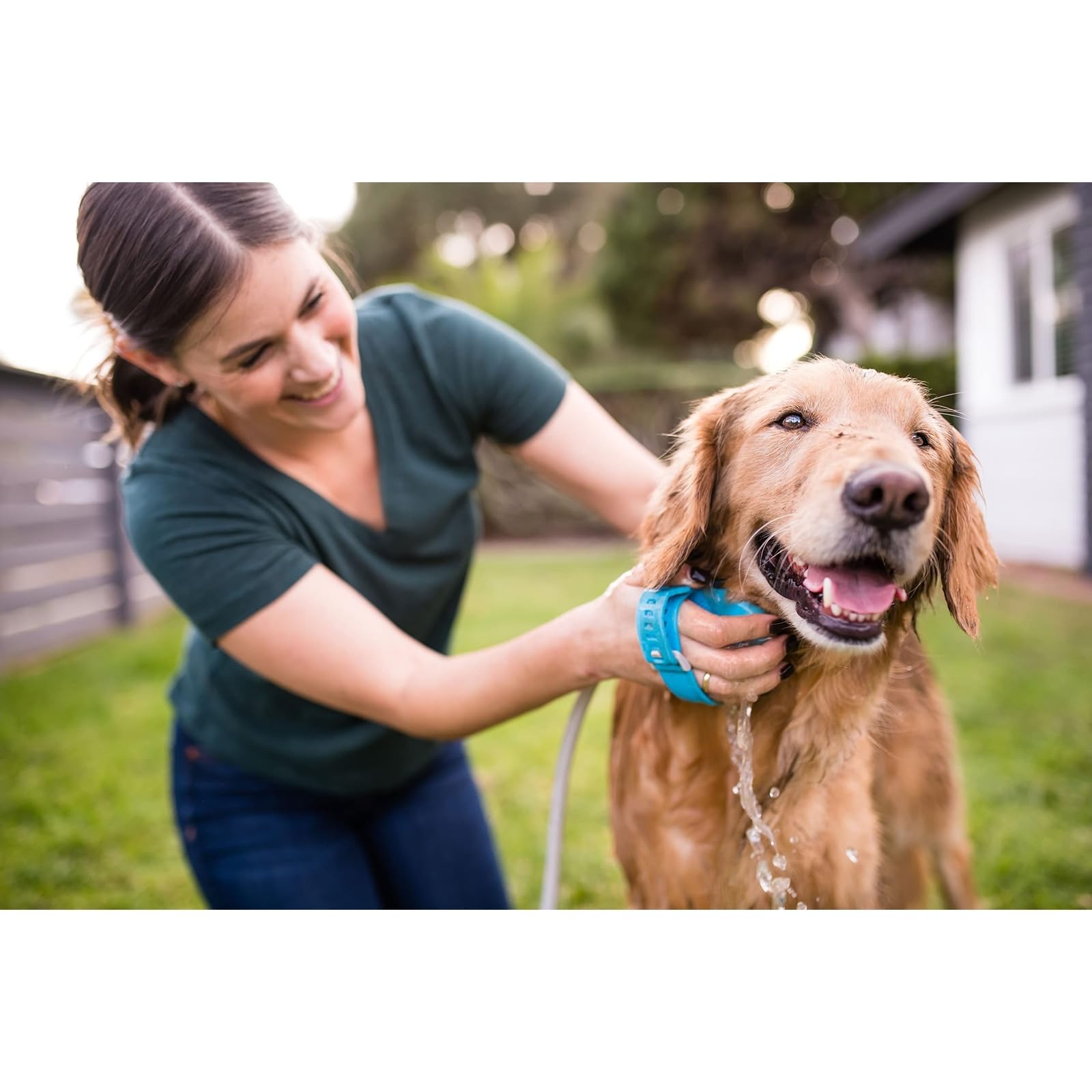 Aquapaw Dog Bath Brush Pro hose connection demonstrates secure setup for bathing.