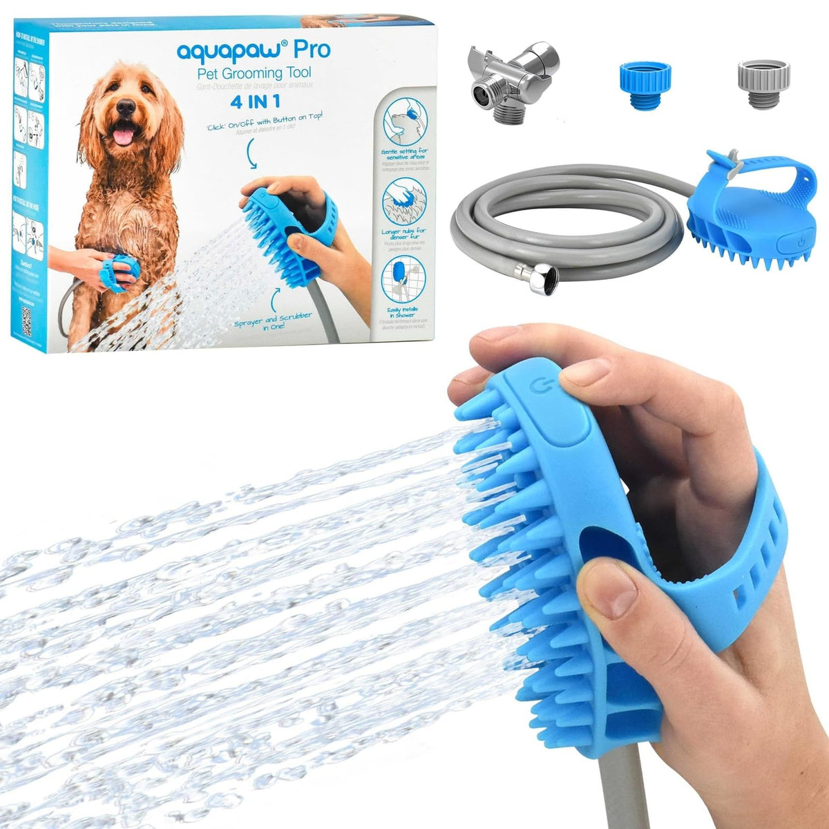 Aquapaw Dog Bath Brush Pro in hand demonstrates easy control for quick grooming sessions.