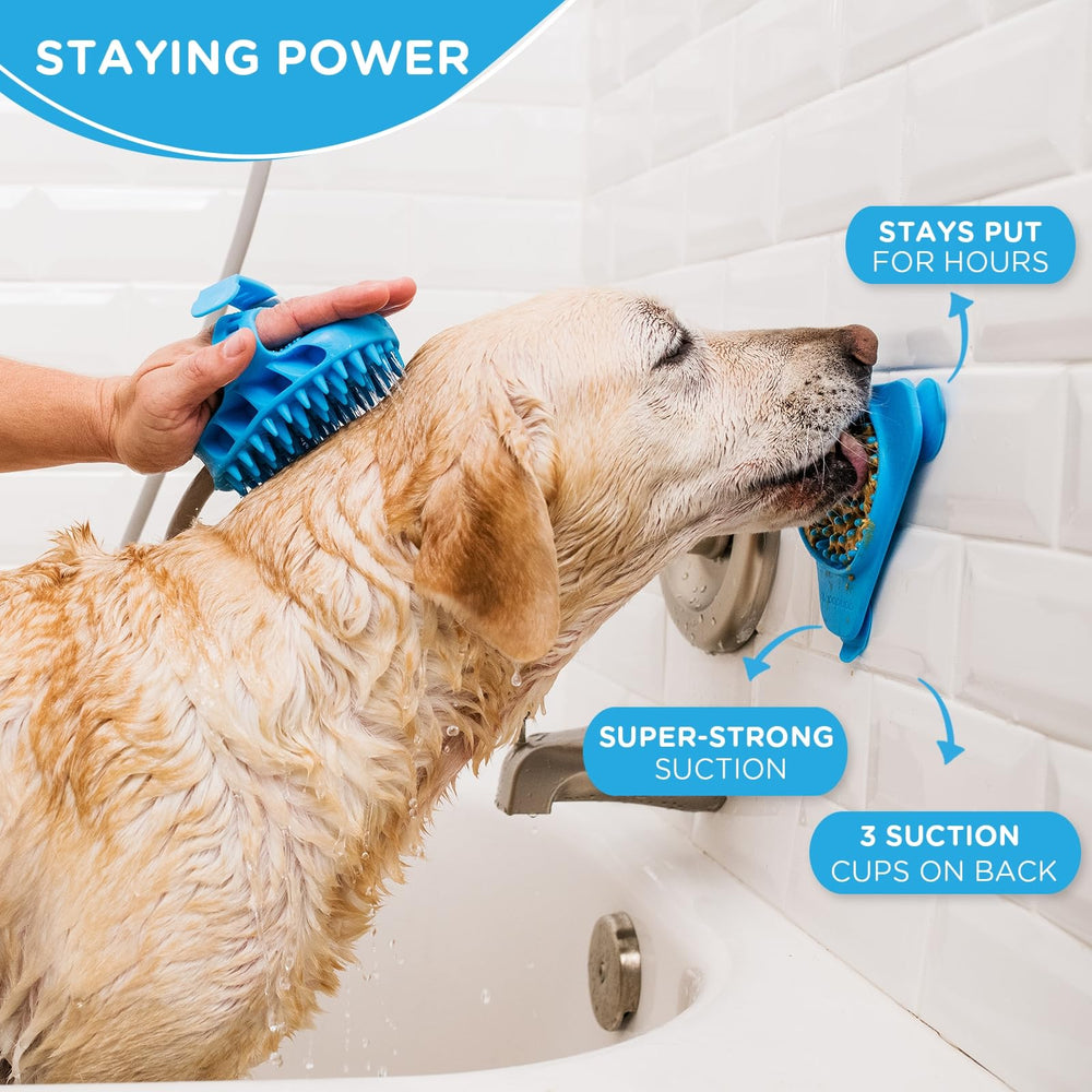 Aquapaw dog licking mat blue in-bath tub scene helps distract during grooming.