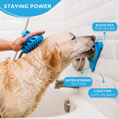 Aquapaw dog licking mat blue in-bath tub scene helps distract during grooming.