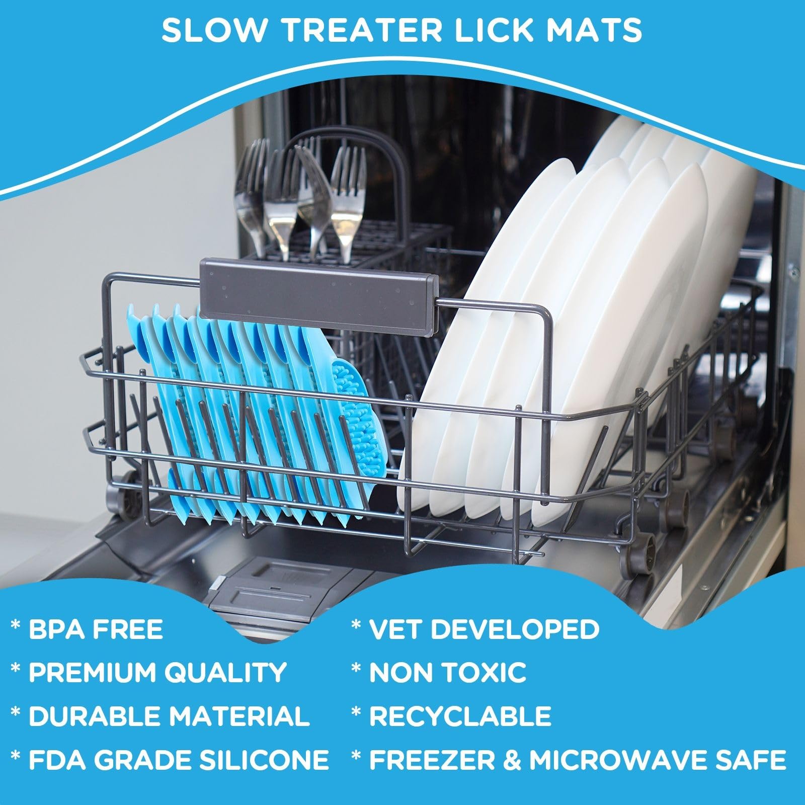 Aquapaw dog licking mat blue suction cup on wall enables mess-free grooming sessions.