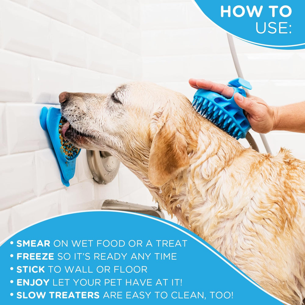 Aquapaw dog licking mat blue washroom setup supports interactive grooming moments.
