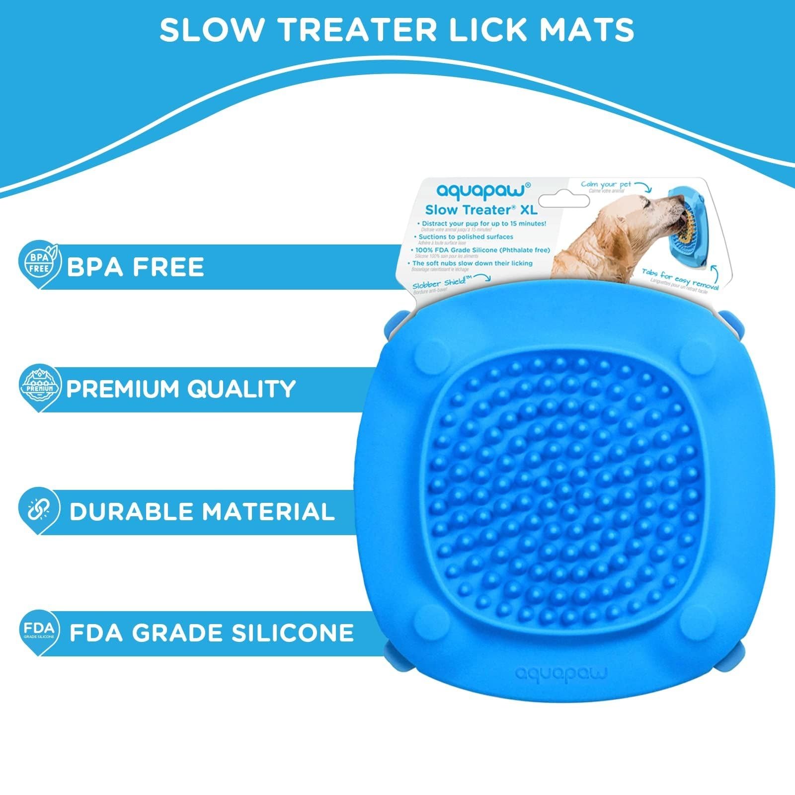 Aquapaw Lick Mat in tub promotes grooming-friendly play with peanut butter rewards.