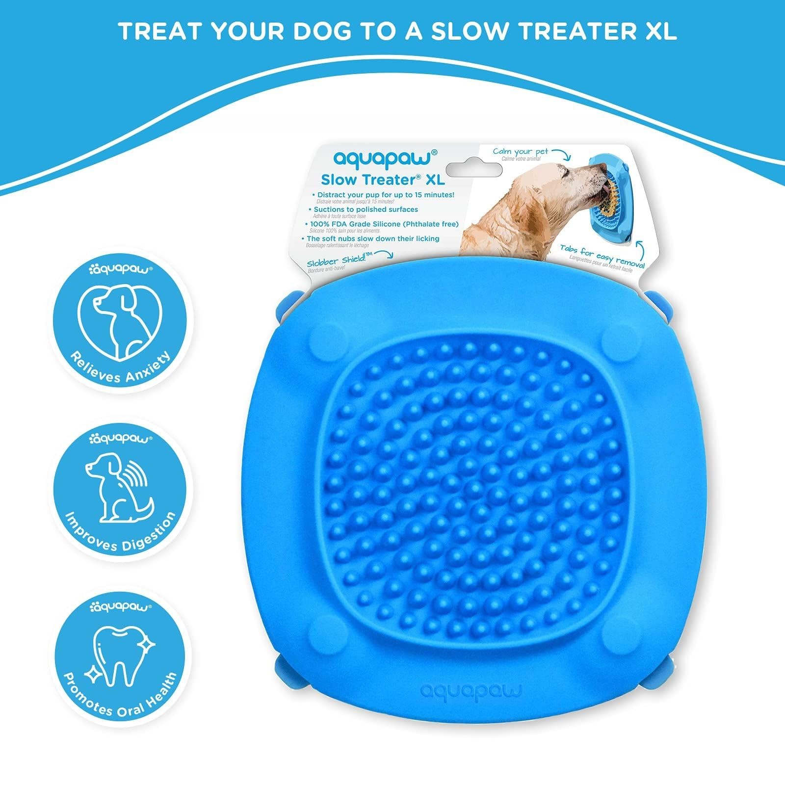 Aquapaw Lick Mat XL blue shown with treats providing enrichment.