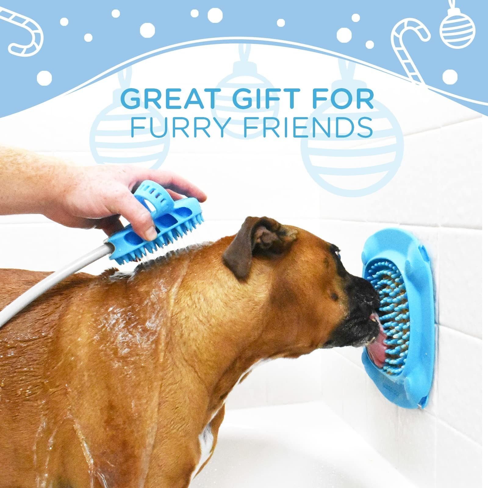 Aquapaw Lick Mat on bath wall boosts mental engagement during baths.