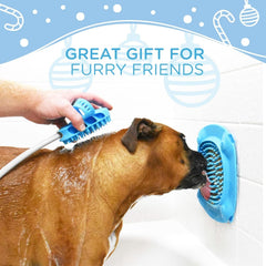 Aquapaw Lick Mat on bath wall boosts mental engagement during baths.