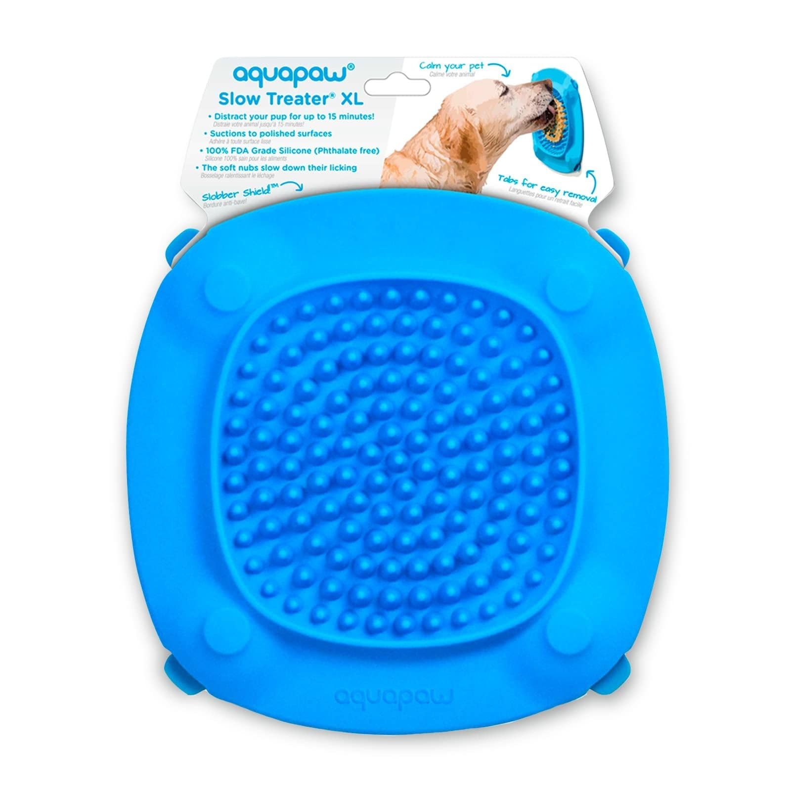 Aquapaw Lick Mat suction cups on shower wall improve bath time with tasty distraction.