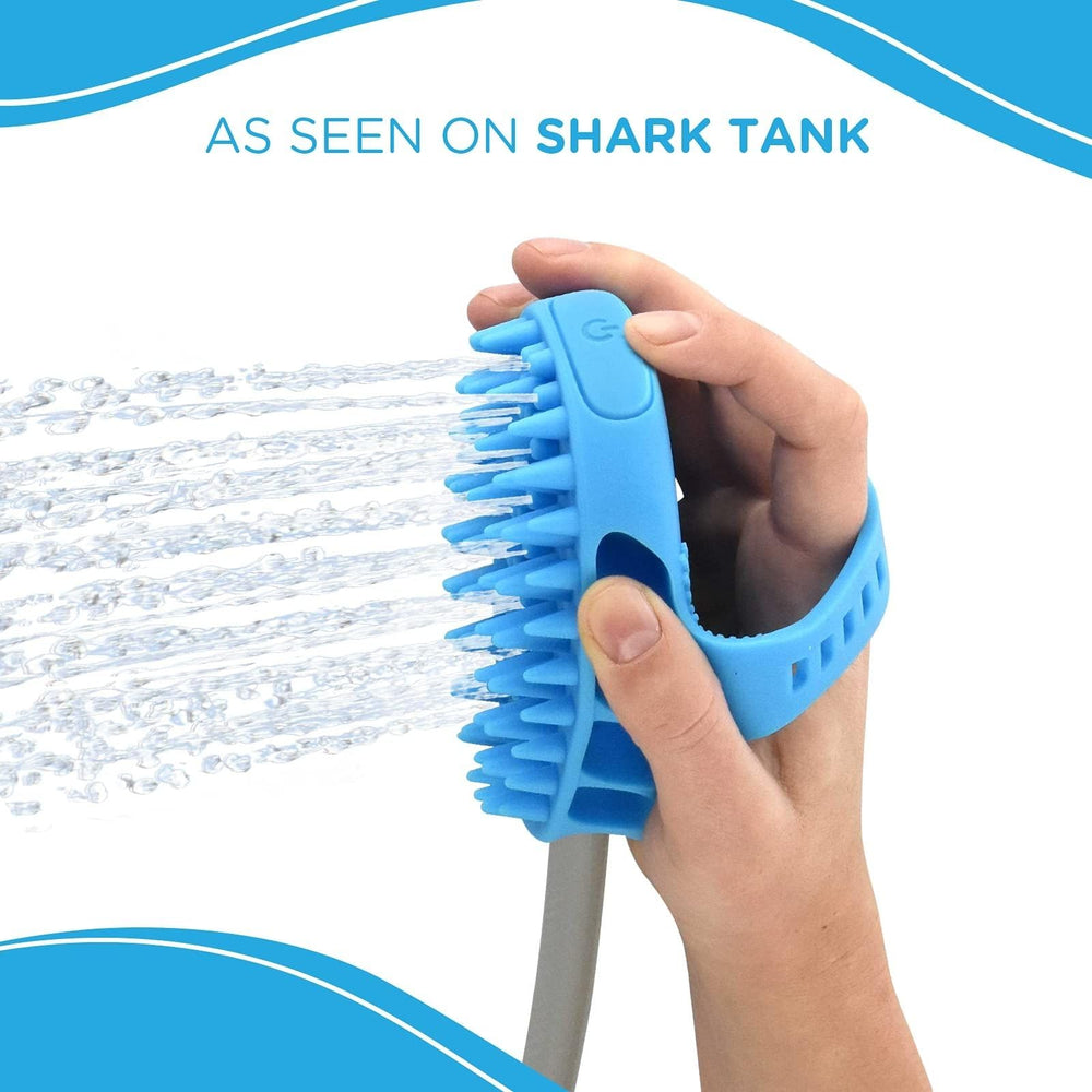 Aquapaw Dog Bath Brush Pro used with garden hose for outdoor bath sessions.