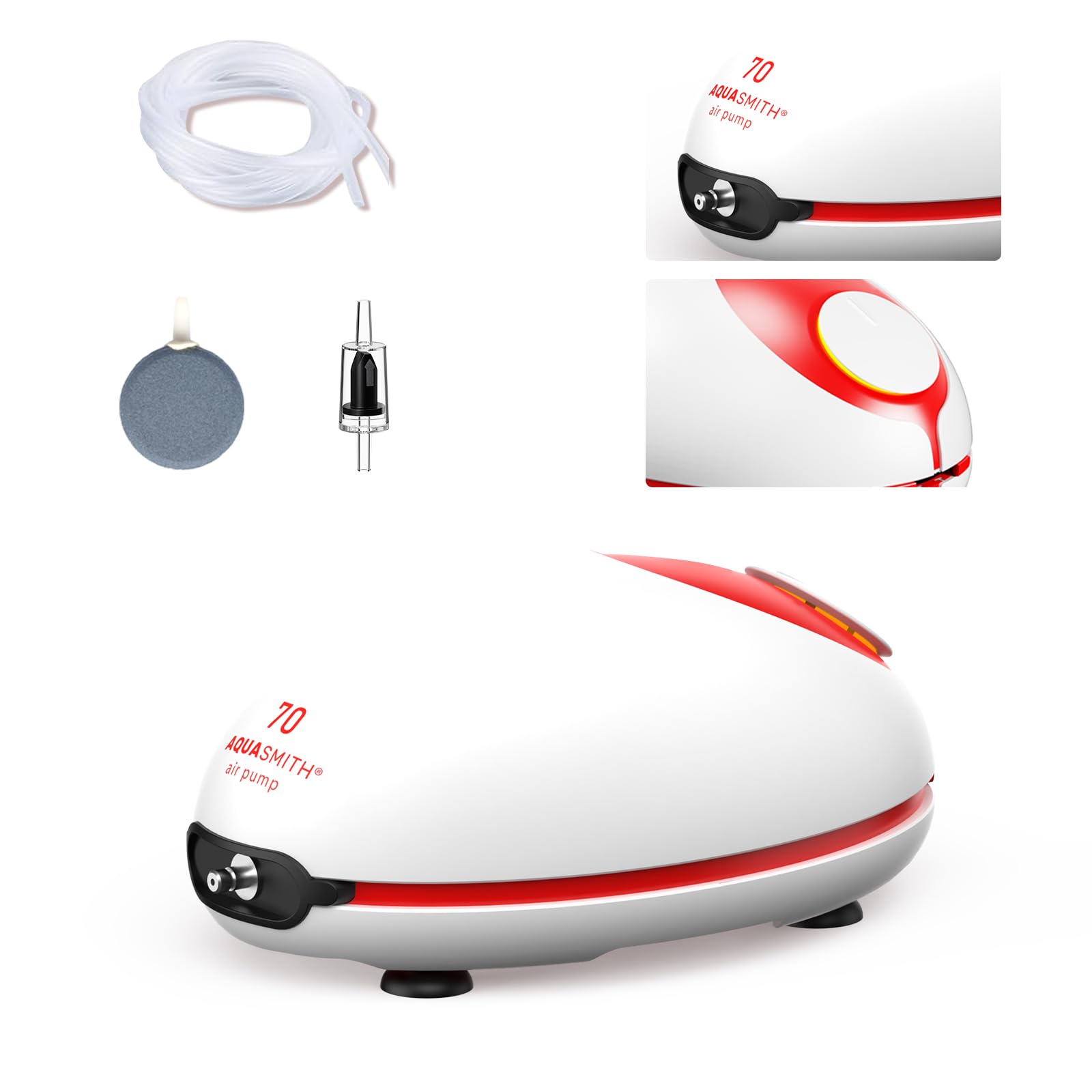 AQUASMITH 1w Ultra Quiet Air Pump front view showing a compact, silent unit for bedrooms.