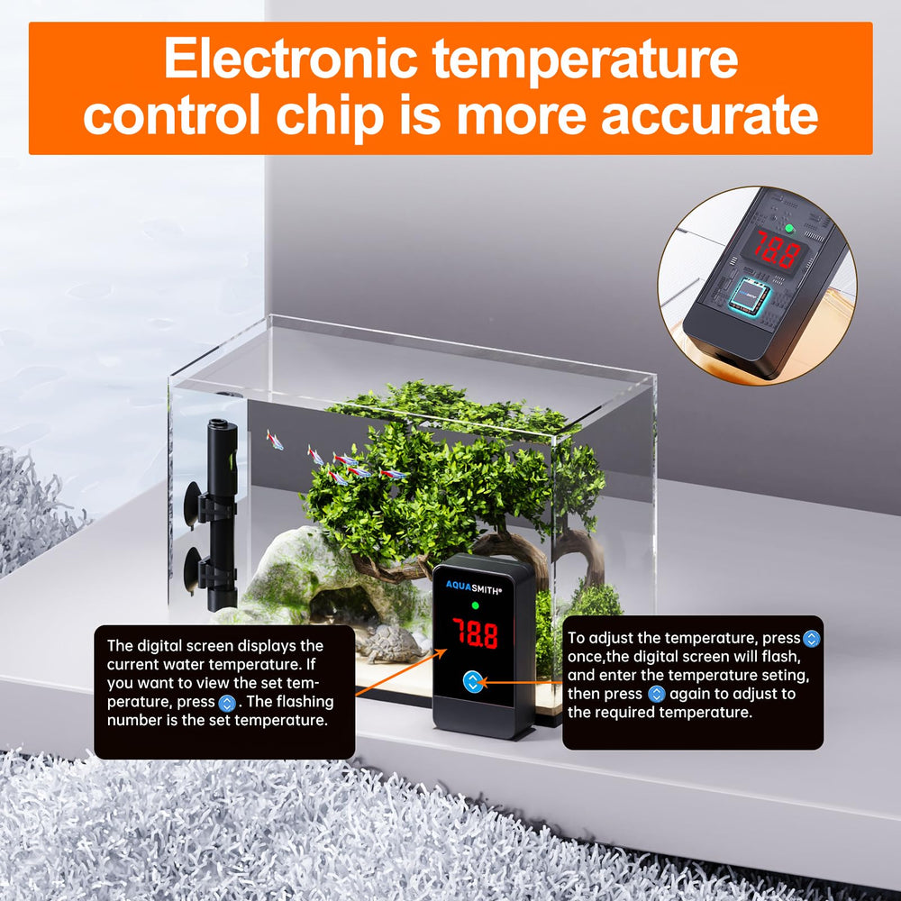 AQUASMITH aquarium heater installed in tank for stable warmth.