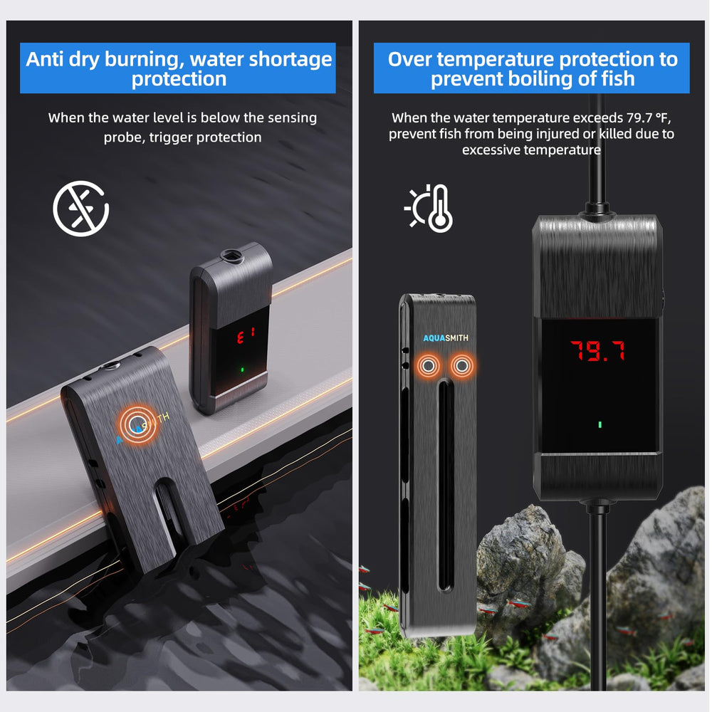 AQUASMITH heater with three probe sensors provides automatic safety against overheating.