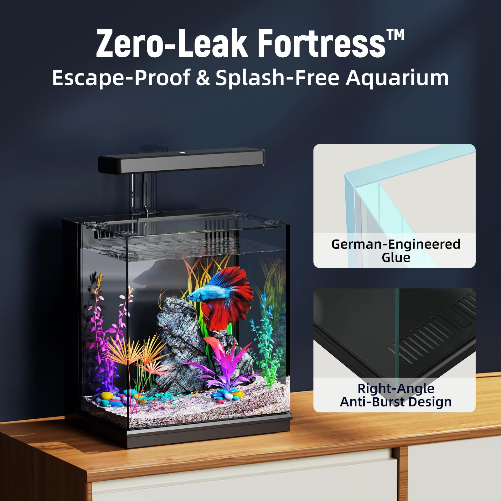 AQUASMITH Betta Tank high-transparency glass for bright, immersive aquarium visuals.