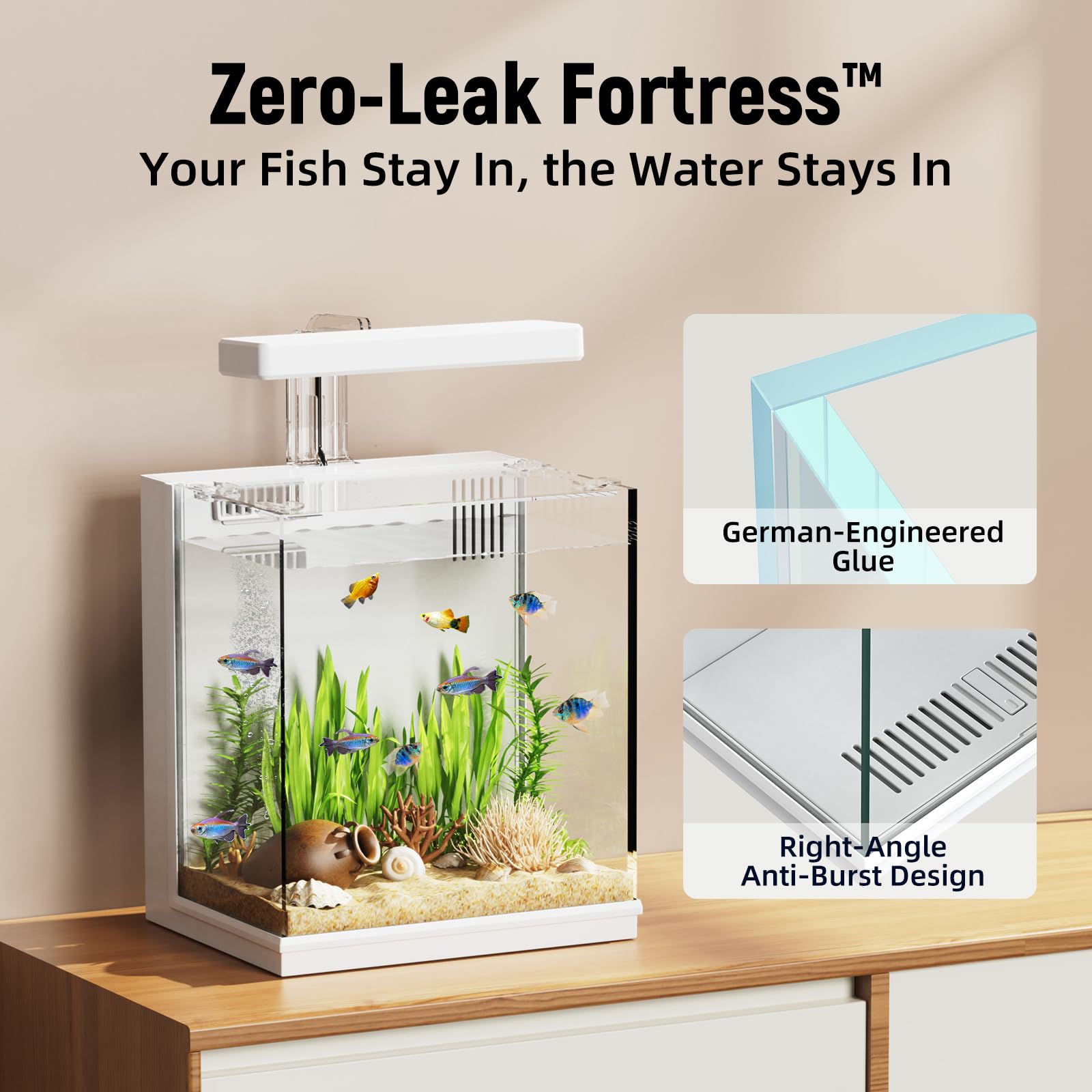 AQUASMITH quick water-change tech enables fast, stress-free tank refreshes.