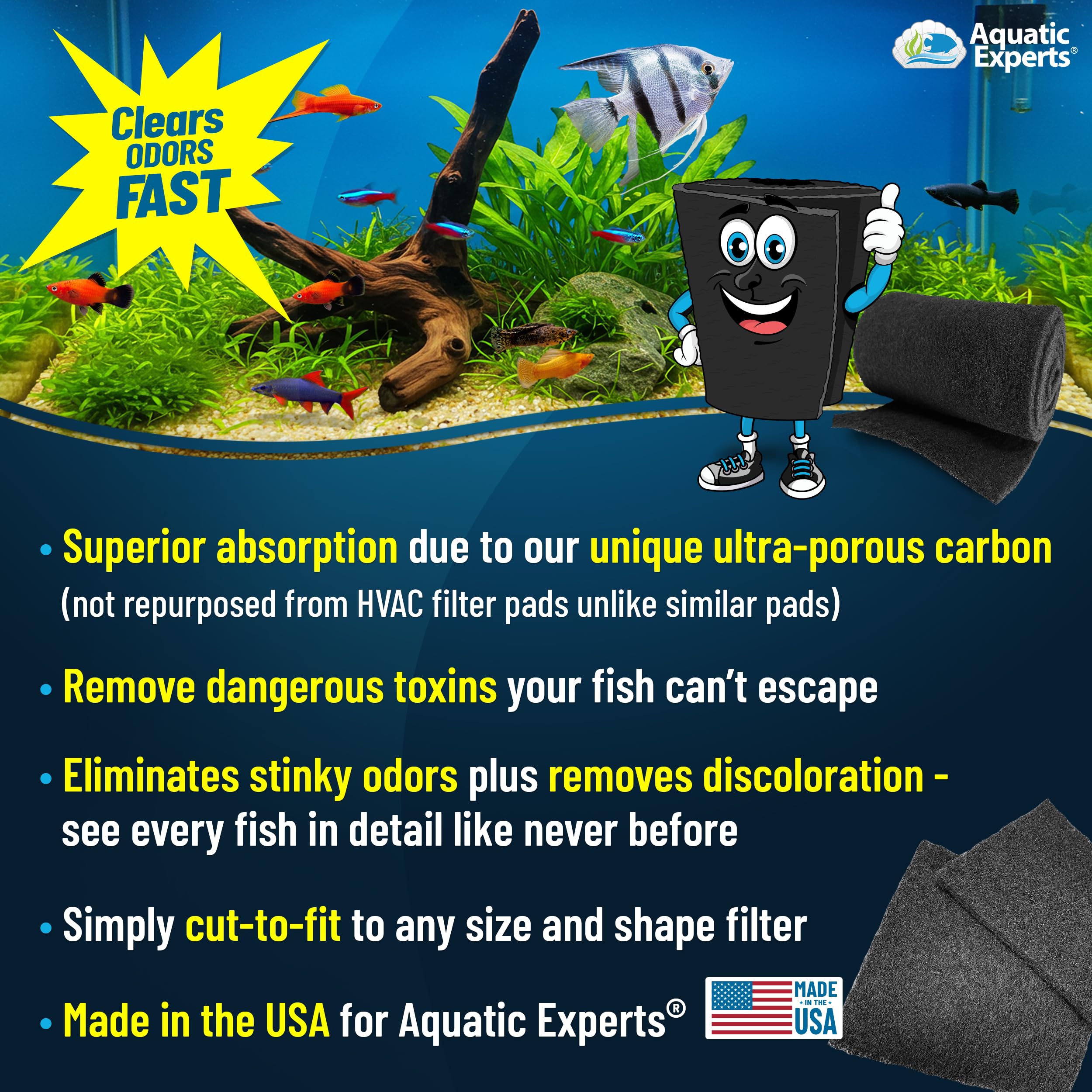 Aquatic Experts carbon pad being cut to fit filter for a custom, mess-free setup