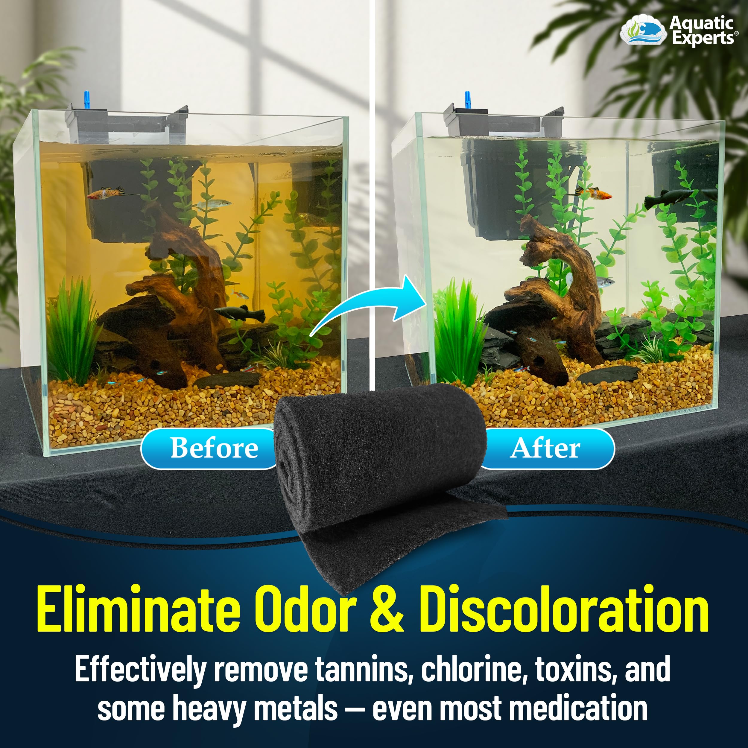 Aquatic Experts carbon pad in filter demonstrates odor and discoloration removal potential