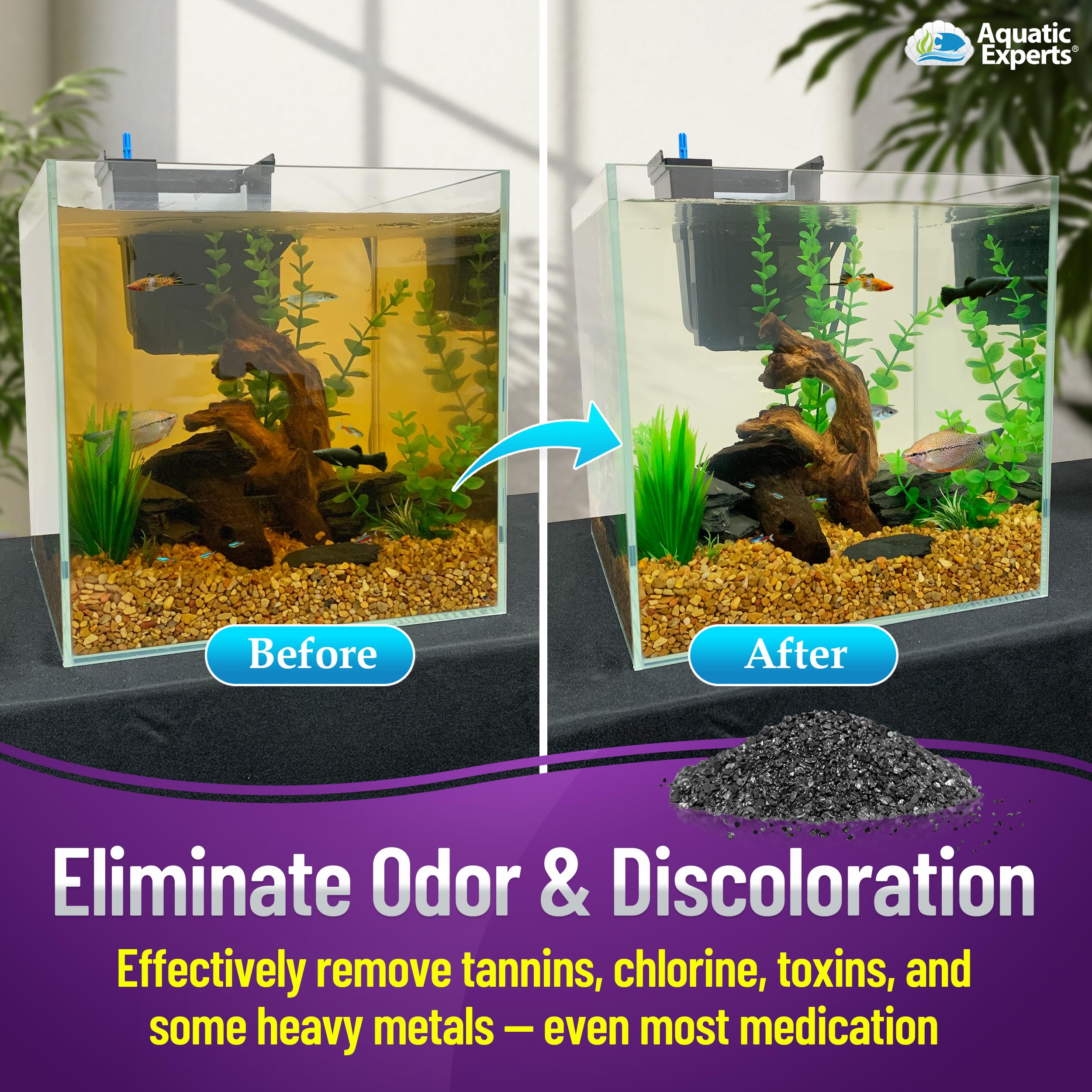 Aquatic Experts carbon in water demonstrates rapid pollutant adsorption