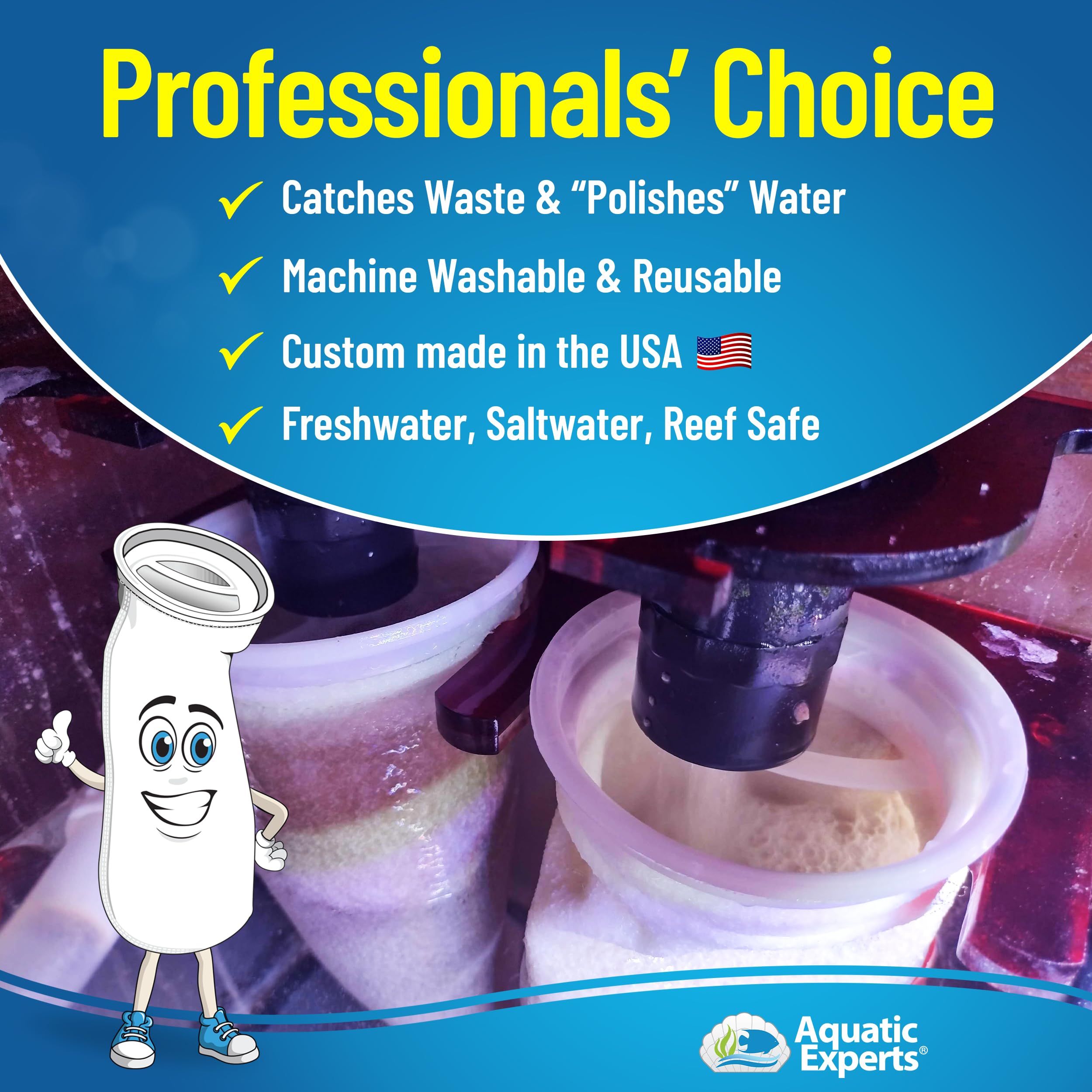 Aquatic Experts 200 micron sock highlights interlocking fibers trapping waste and detritus.