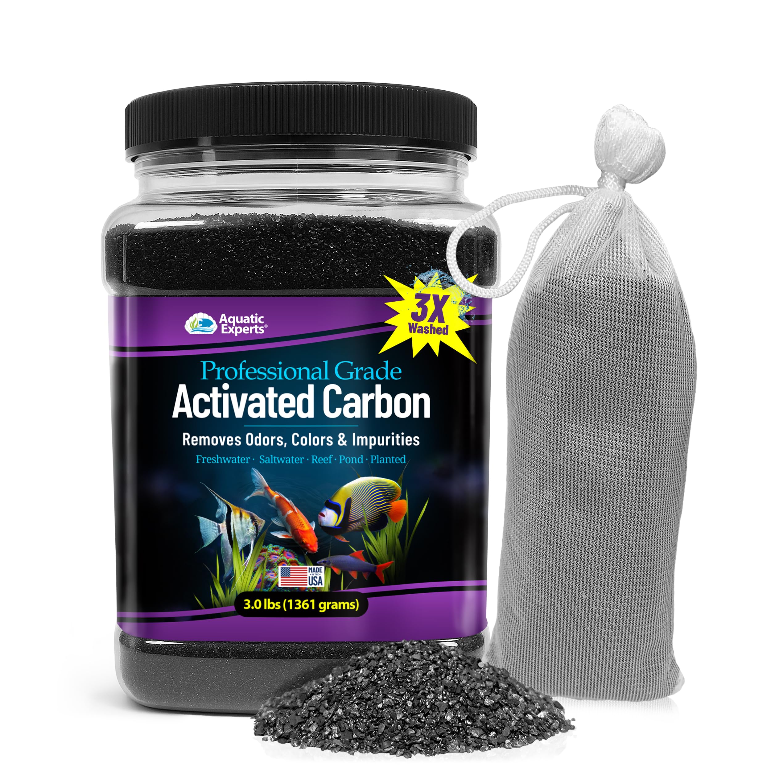 Aquatic Experts Premium Carbon pouring shows easy dosing for clearer water