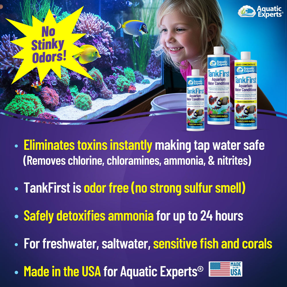Aquatic Experts TankFirst bottle pour demonstrates easy dosing for 10-gallon increments