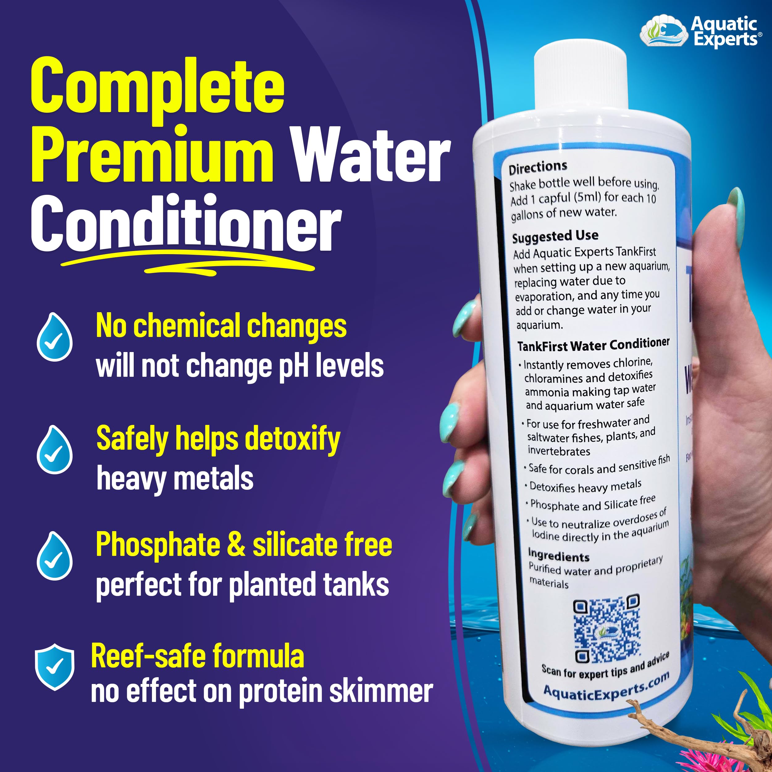 Aquatic Experts TankFirst label closeup highlights natural additives for odor-free use