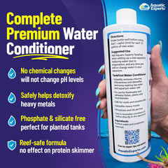 Aquatic Experts TankFirst label closeup highlights natural additives for odor-free use