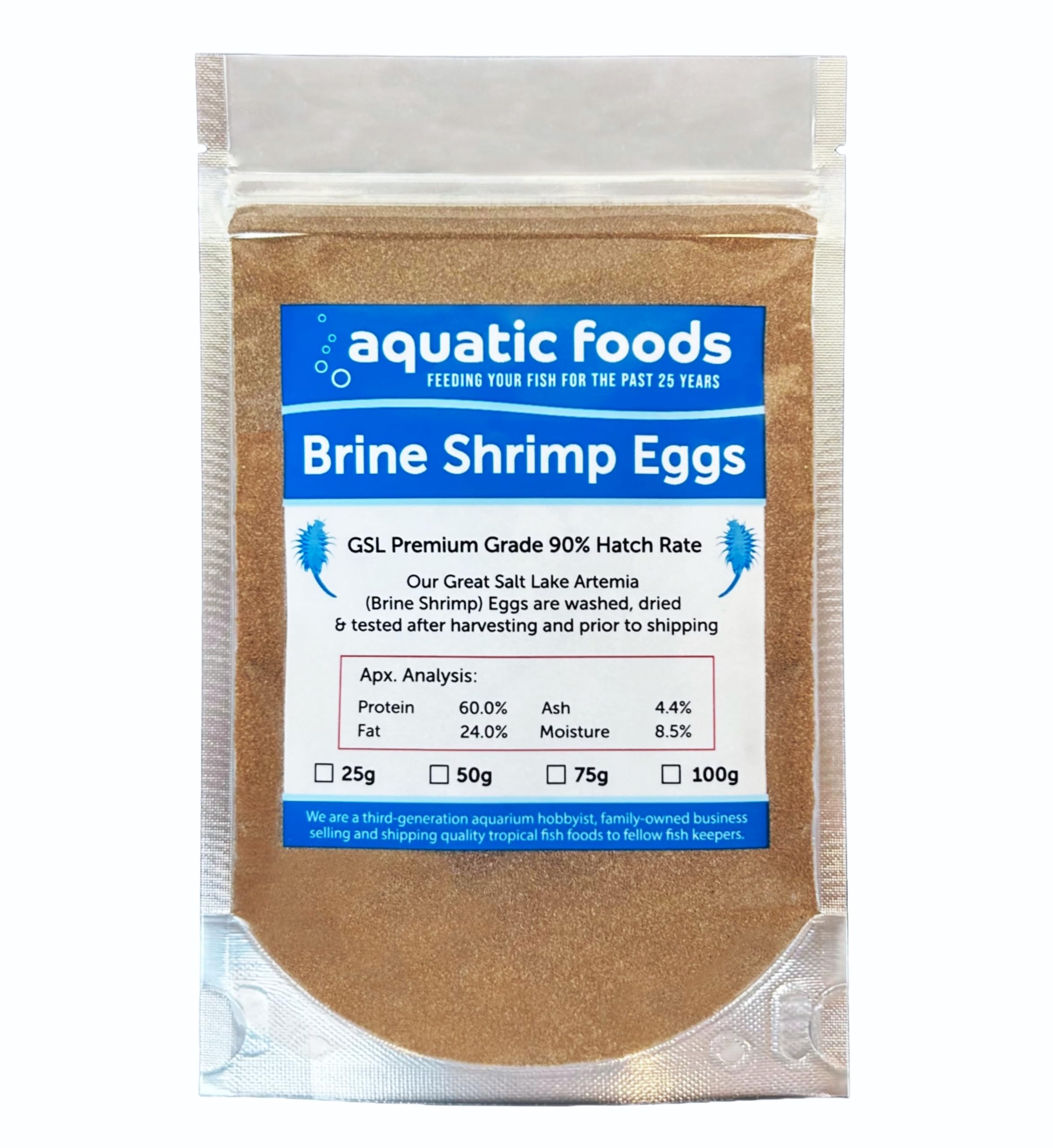 Aquatic Foods Inc. brine shrimp eggs premium-grade 25-gram packaging supports reliable hatching.