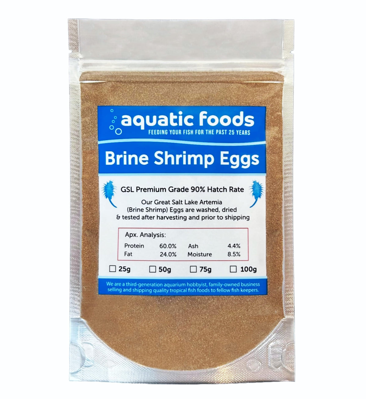 Aquatic Foods Inc. brine shrimp eggs premium-grade 25-gram packaging supports reliable hatching.