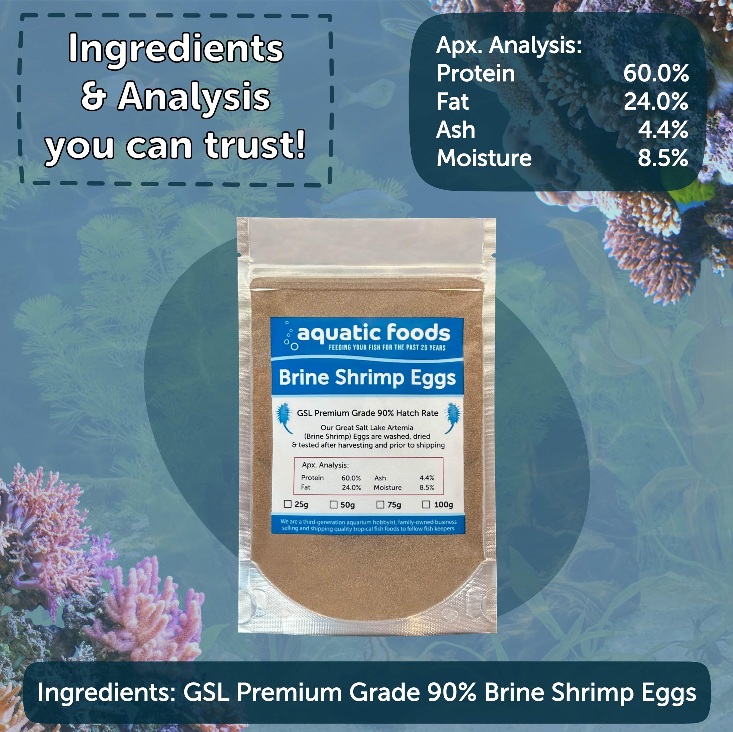 Aquatic Foods Inc. brine shrimp eggs reef-aquarium-use helps hobbyists stock fry quickly.
