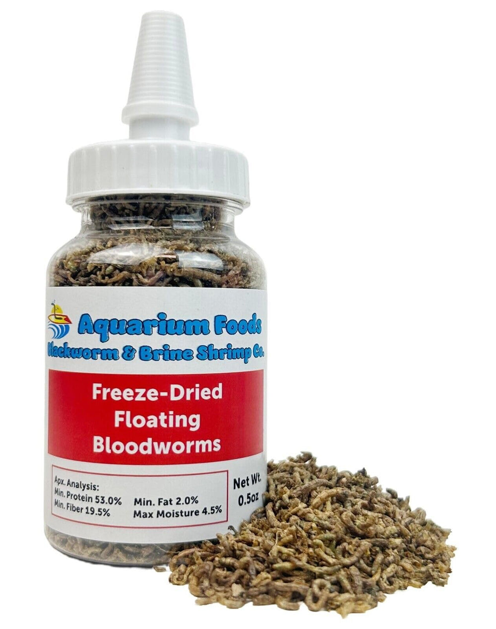 Aquatic Foods Inc. freeze-dried bloodworms bottle front for high-protein feeding.