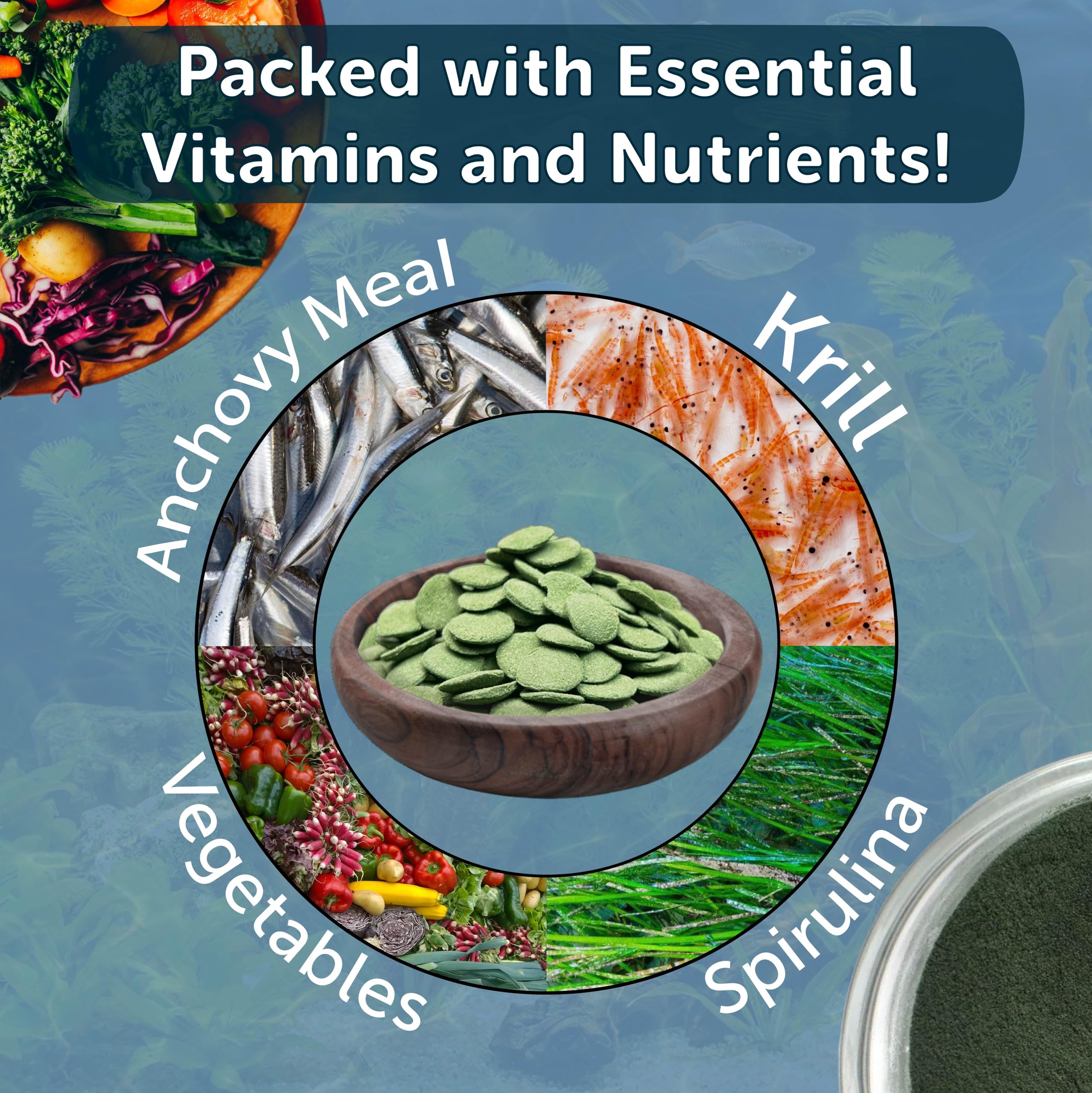 Aquatic Foods Inc. ingredients list highlights spirulina and vegetables for varied dietary appeal.