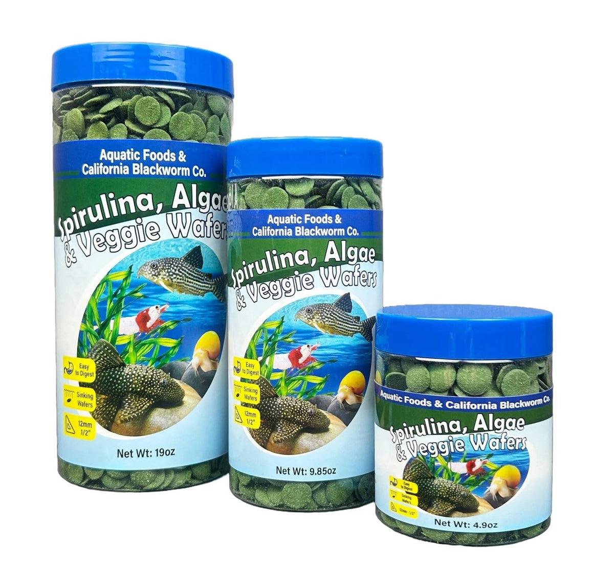 Aquatic Foods Inc. packaged 12mm wafers show convenient sinking nutrition for bottom-dwellers.