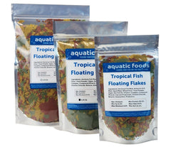 Aquatic Foods Inc tropical fish flakes in foil bag front for easy storage and feeding.
