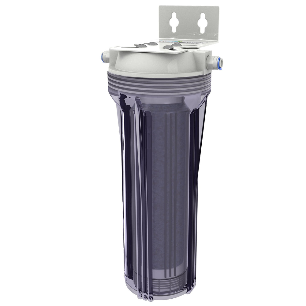 Aquatic Life DI resin canister front view with blue resin ready for hydroponic filtration
