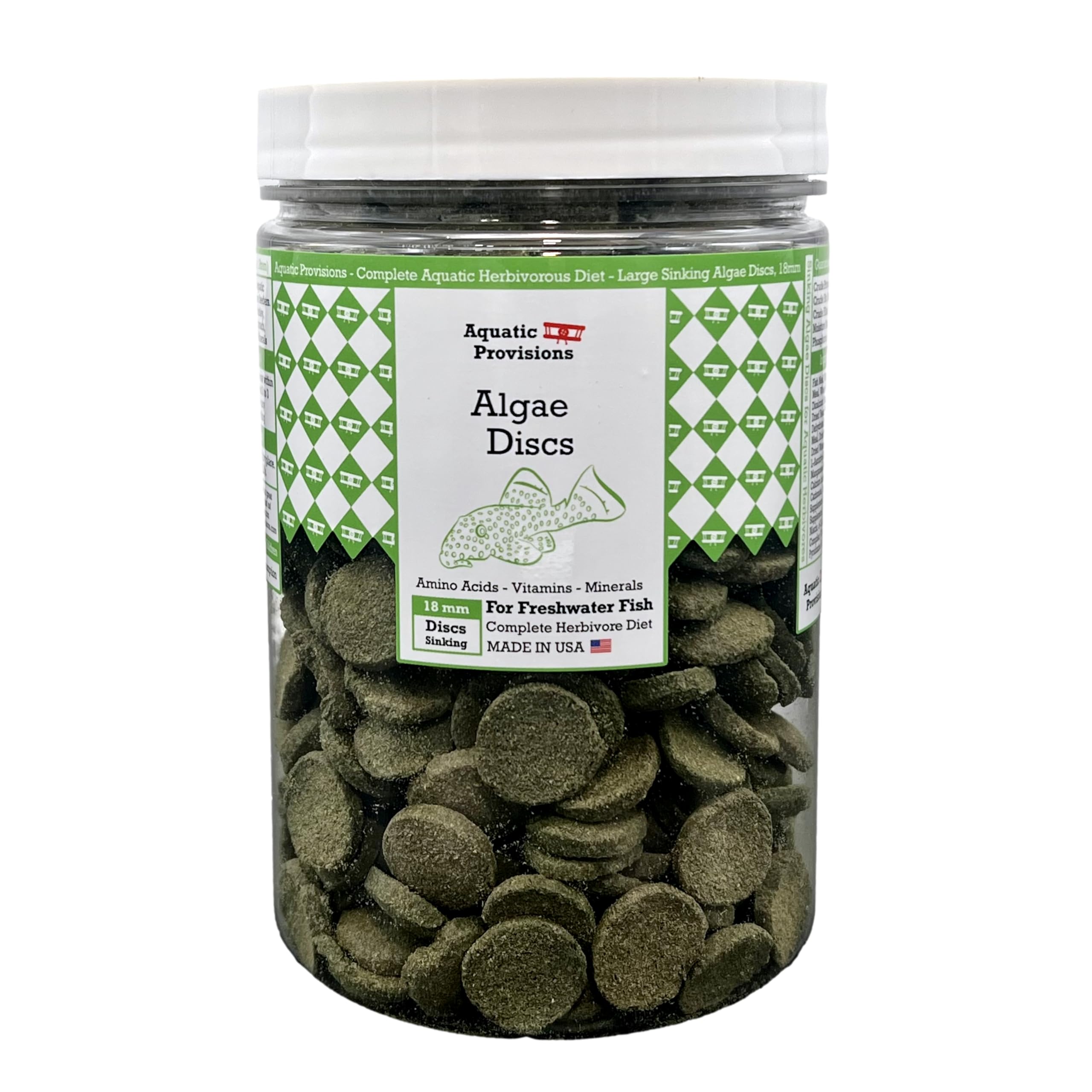 Aquatic Provisions algae discs 16oz packaging shows USA-made sustainable nutrition for herbivorous fish.