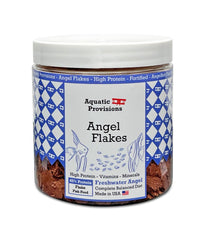 Aquatic Provisions Angel Flakes packaging shows USA-made freshness for angelfish.