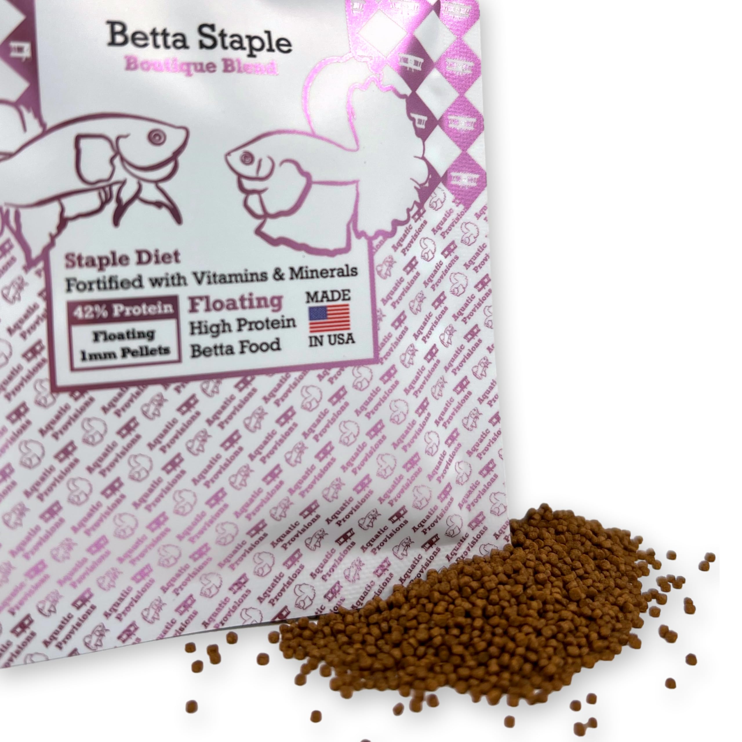 Aquatic Provisions Betta Staple nutrition close-up highlighting balanced formula.