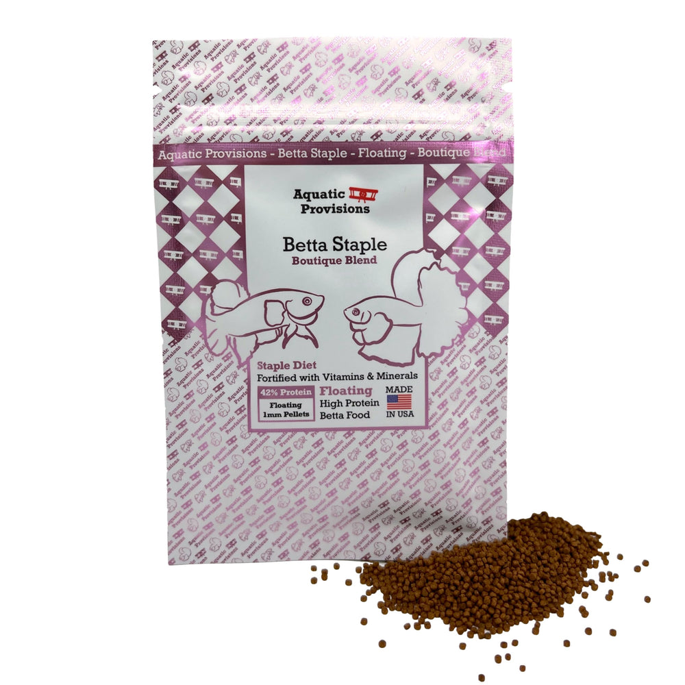 Aquatic Provisions Betta Staple pellets close-up, 1mm size for easy feeding and protein.