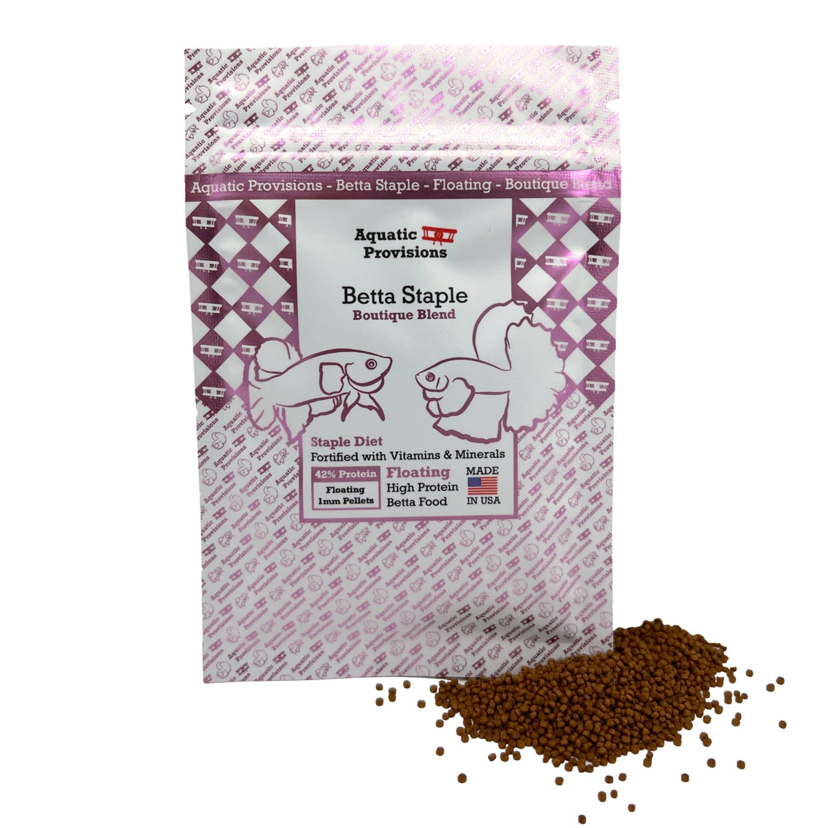 Aquatic Provisions Betta Staple pellets close-up, 1mm size for easy feeding and protein.
