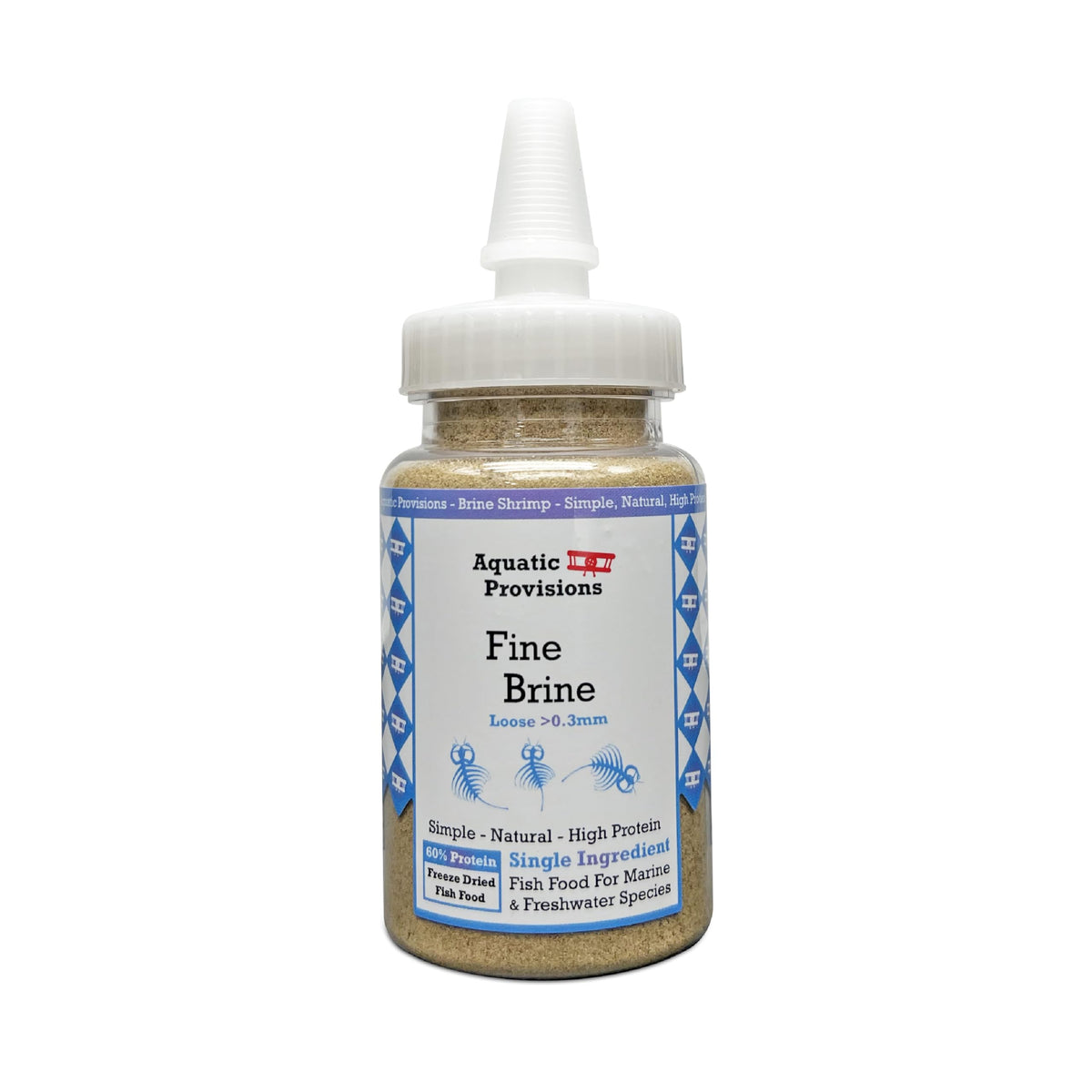 Aquatic Provisions fine brine shrimp bottle closed for easy, mess-free daily feeding.